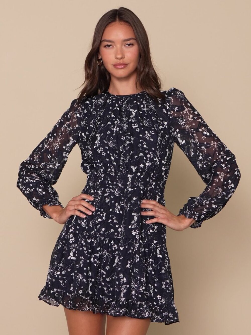 Lulu's Too Cute Mini Dress Navy Blue Floral Print Smocked Long Sleeve